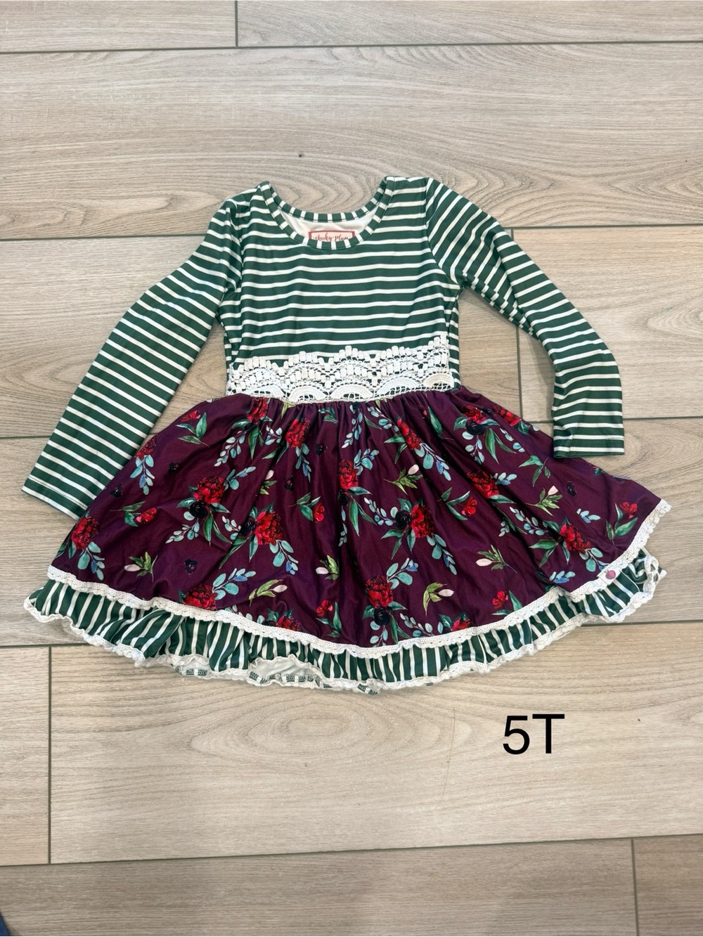 cheeky plum Green Striped and Purple Floral Lace-Trim Dress